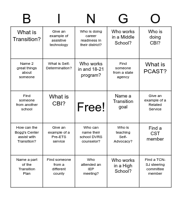 Transition Coordinators' Network of SJ Bingo Card