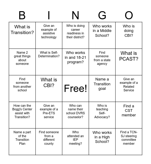 Transition Coordinators' Network of SJ Bingo Card