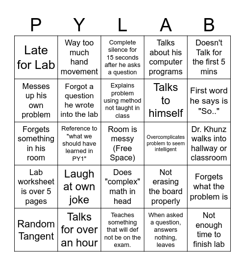 Physics Lab Bingo Card