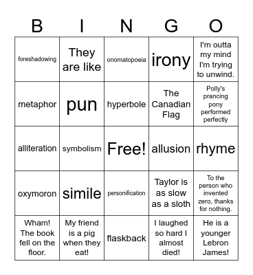 Literary Devices Bingo Card