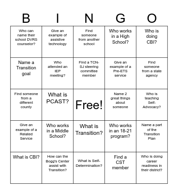 Transition Coordinators' Network of SJ Bingo Card