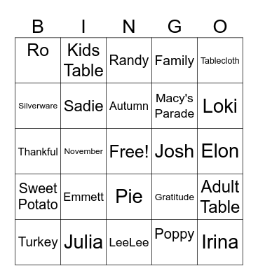 Thanksgiving Bingo Card