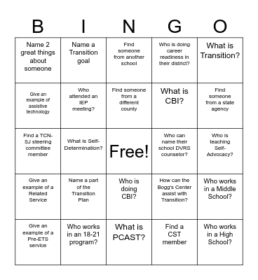Transition Coordinators' Network of SJ Bingo Card