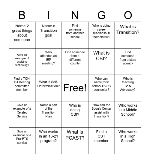 Transition Coordinators' Network of SJ Bingo Card