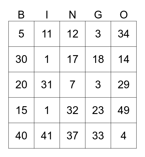 1-50 addition/subtraction Bingo Card