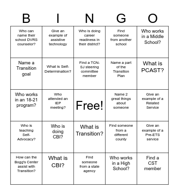 Transition Coordinators' Network of SJ Bingo Card
