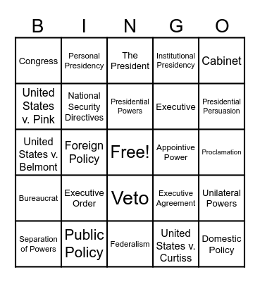 The Presidency Bingo Card