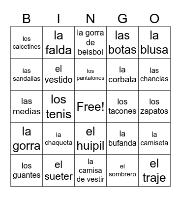 La ropa Bingo Card