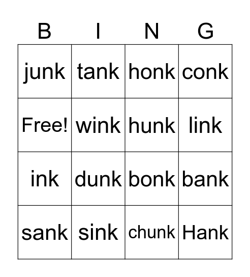 -ink  -ank  -onk  -unk Bingo Card
