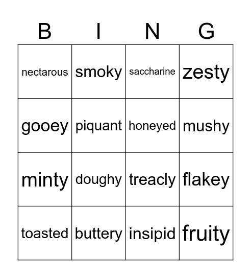 Food-related adjectives Bingo Card