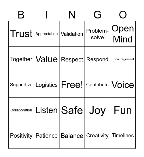 LDD Working Agreements Bingo Card