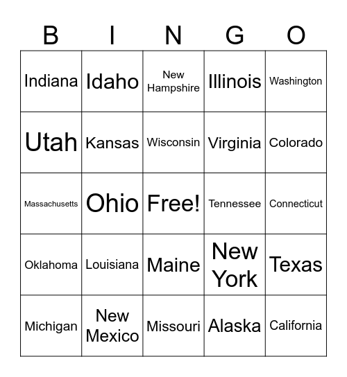 US States Bingo Card