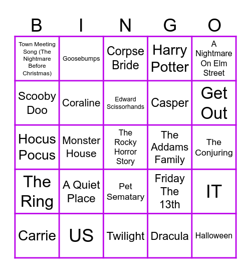 Halloween Music Bingo #2 Movies Bingo Card