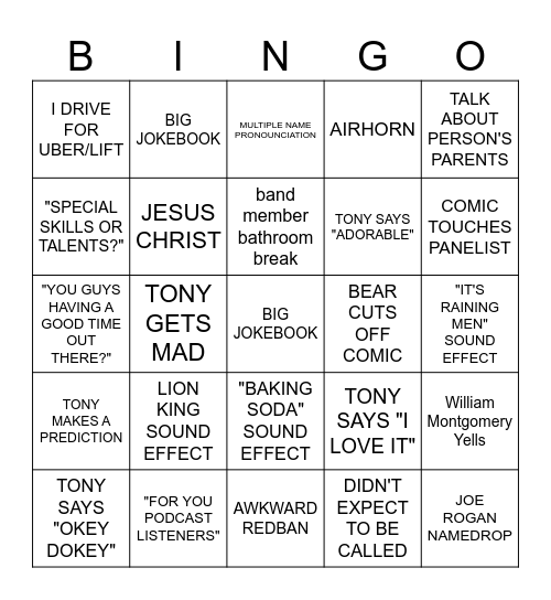 Kill Tony Bingo 2023 Bingo Card