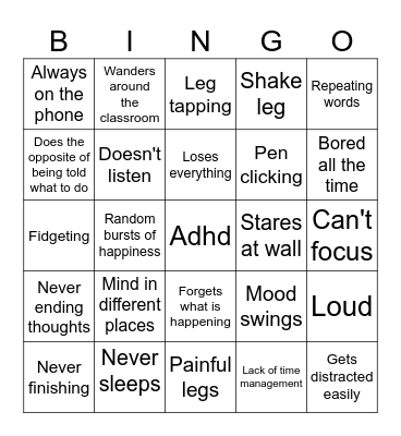 ADHD bingo Card