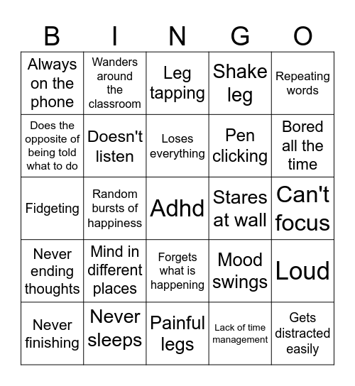 ADHD bingo Card