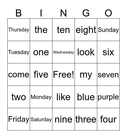 Wednesday Bingo Card