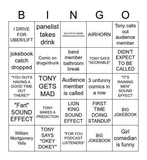 Kill Tony Bingo 2023 Bingo Card