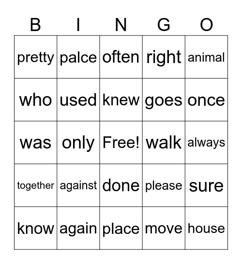 Trick Word Bingo Card