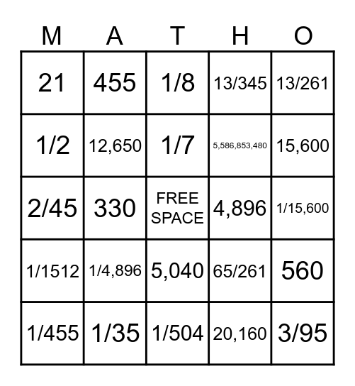 Probability with Permutations and Combinations Bingo Card