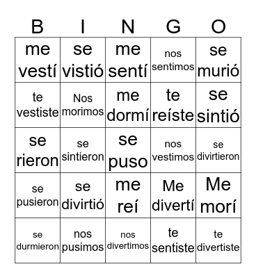 Spell-changing verbs in the past tense Bingo Card
