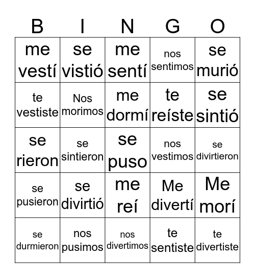 Spell-changing verbs in the past tense Bingo Card