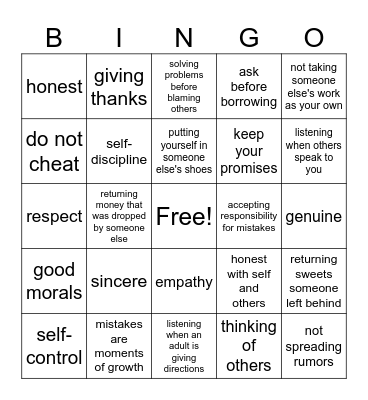 Integrity Bingo Card