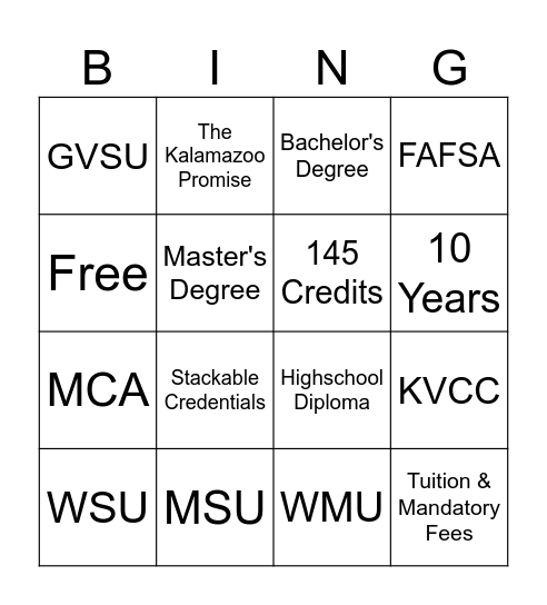 Promise Pathway Bingo Card