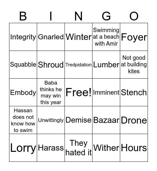 Kite Runner Vocab & Chapter ?s  6-10 Bingo Card