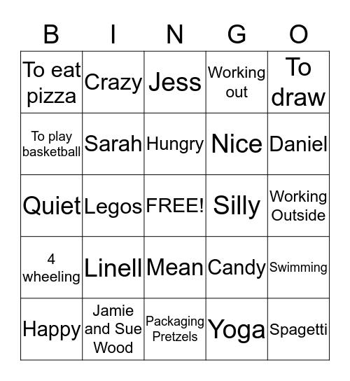 What I Like/Think Have/Feel BINGO Card