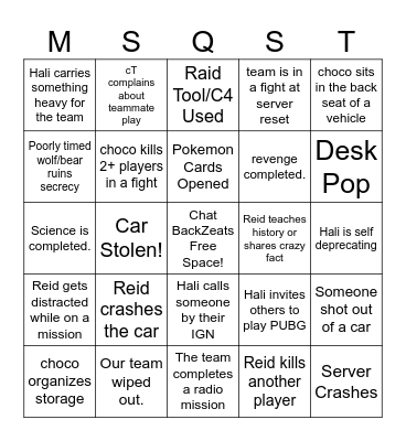 choco, Reid, Hali, Chenarus Bingo Card