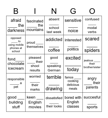 ADJECTIVES + PREPOSITIONS Bingo Card