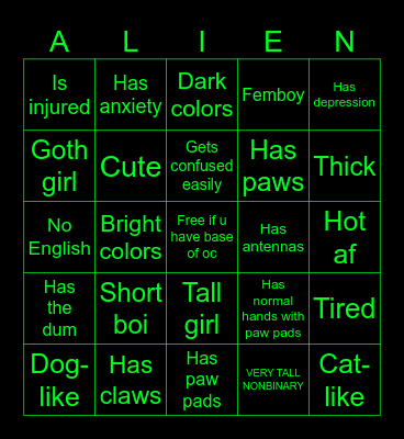 alien oc Bingo Card