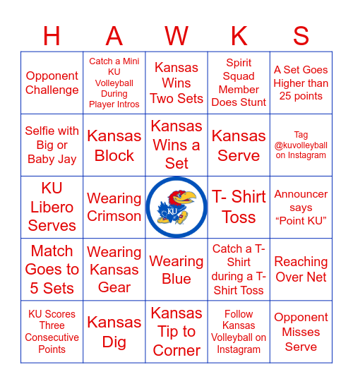 Kansas Volleyball Bingo 8.28.2024 Bingo Card