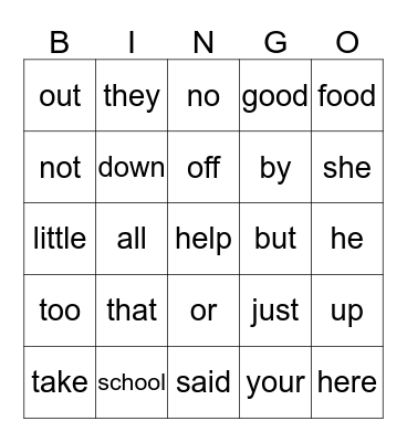 Kindergarten Sight Words Bingo Card