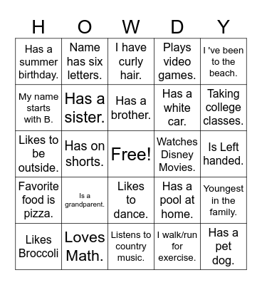 About Me Bingo Card