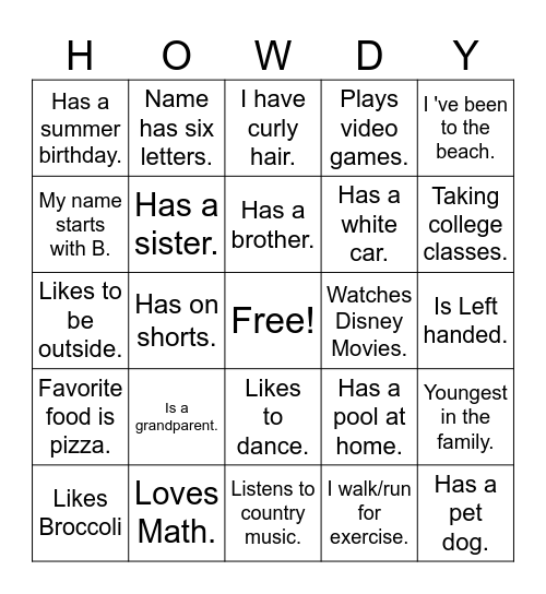 About Me Bingo Card