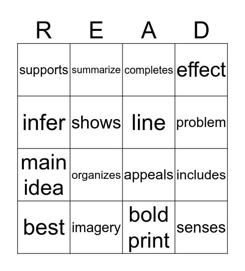 3rd Reading Card 16 Bingo Card