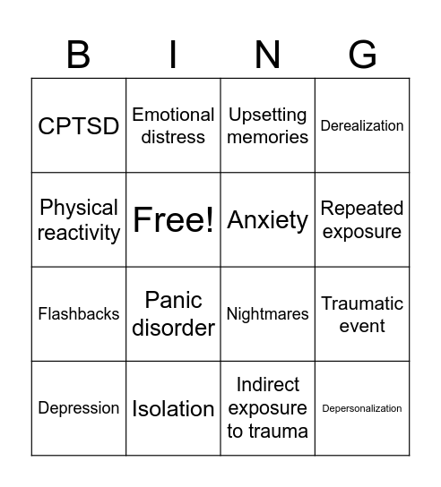 Post-Traumatic Stress Disorder Bingo Card