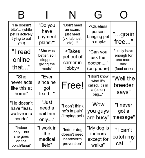 Vet Clients Say the Darndest Things Bingo Card