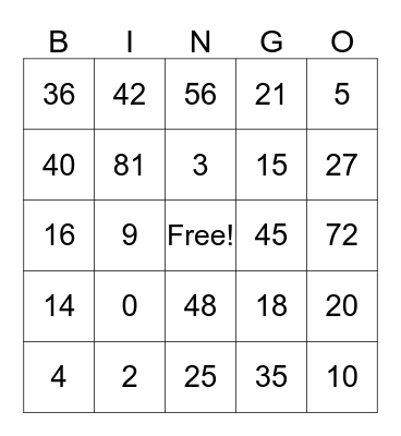Multiplication  Bingo Card