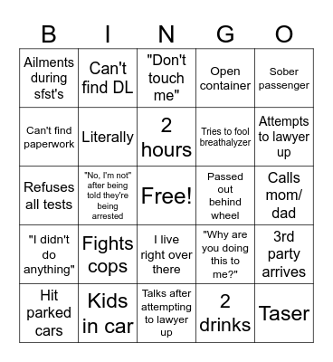 DUI BINGO Card