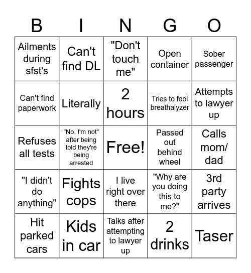 DUI BINGO Card