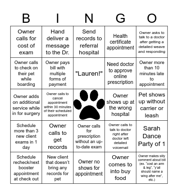 Receptionist Bingo Card