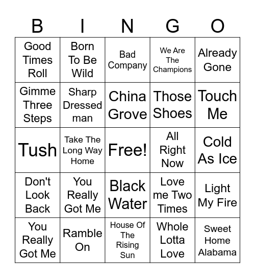 Classic Rock Bingo Card