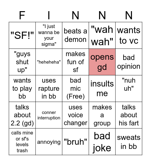 FInn Bingo Card