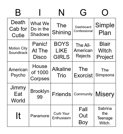 Halloween TV, Emo, & Emoji Horror Bingo Card