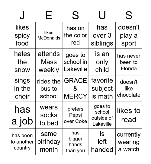 Confirmation Meet and Greet Bingo Card