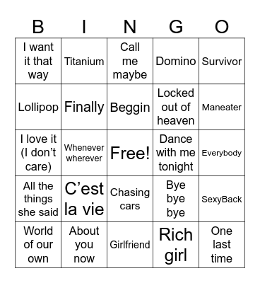 Pop Tunes Bingo Card