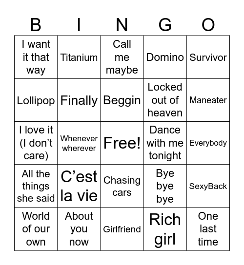 Pop Tunes Bingo Card